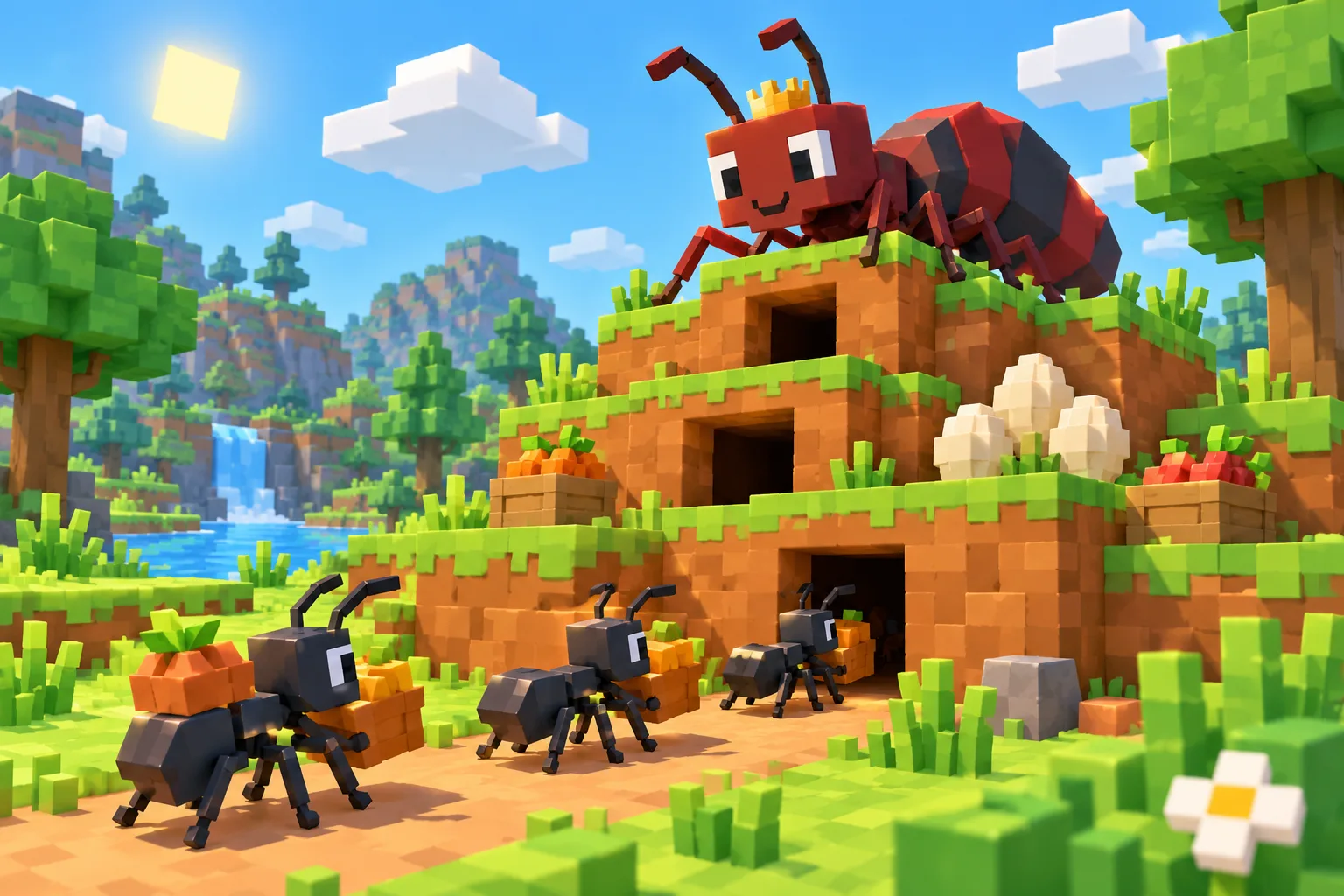 Original block-style ant colony illustration: workers carry food crates into a grassy, tiered nest beside their queen.
